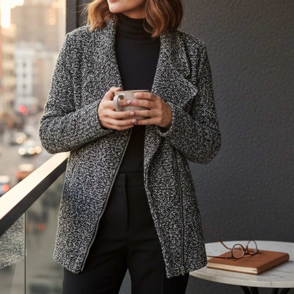 Elodie Black White Marled Knit Textured Asymmetrical Zip Front Jacket‎